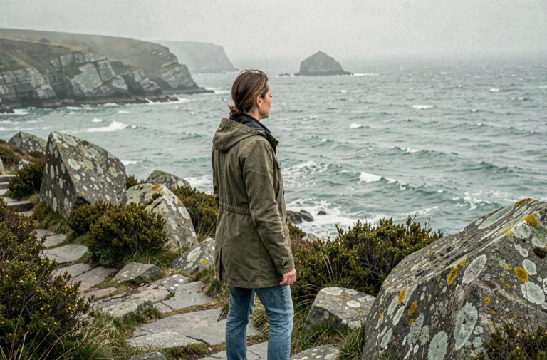 Femme en veste verte marchant sur un sentier côtier en Bretagne avec vue sur l'océan Atlantique et des rochers granitiques