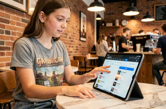 Adolescente consultant le plan de navigation d'un site cinéma et séries TV sur une tablette dans un café