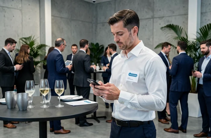 Professionnel consultant son téléphone lors d'un after-work de business club pour agrandir son réseau