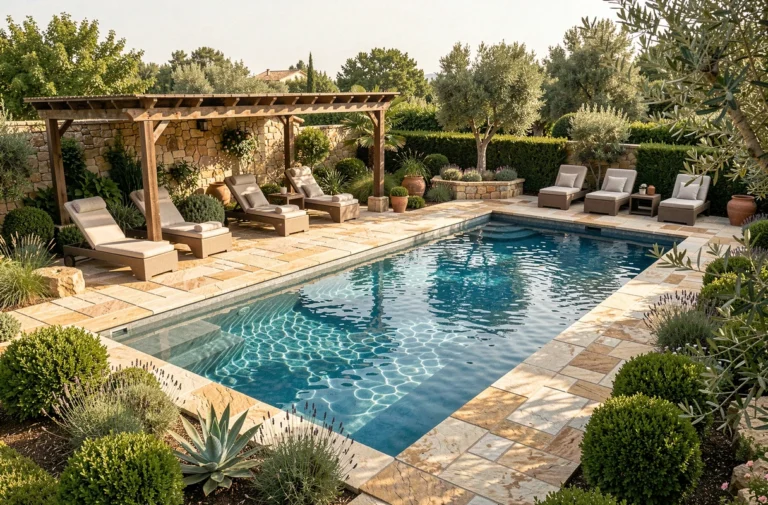 Aménagement paysager complet autour d'une piscine résidentielle avec plage en pierre, végétation méditerranéenne, pergola et salon lounge