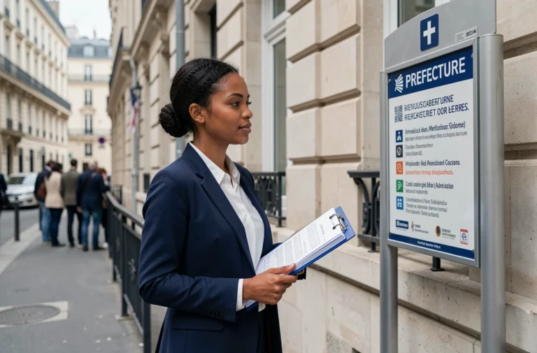 Femme immigrée devant une préfecture française tenant des documents administratifs pour son intégration