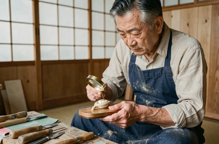 Artisan japonais âgé examinant minutieusement les dents en bois d'une geta traditionnelle dans son atelier
