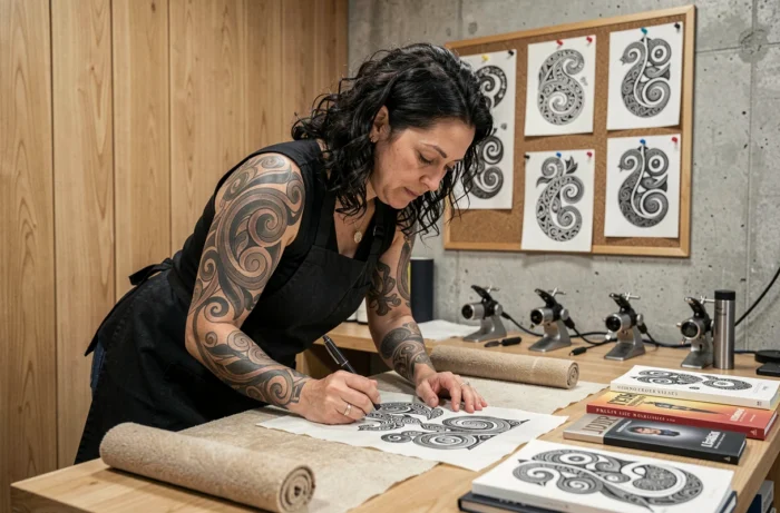 Artiste maorie tatouant dans un studio moderne, entourée de croquis de motifs traditionnels koru et manaia épinglés au mur
