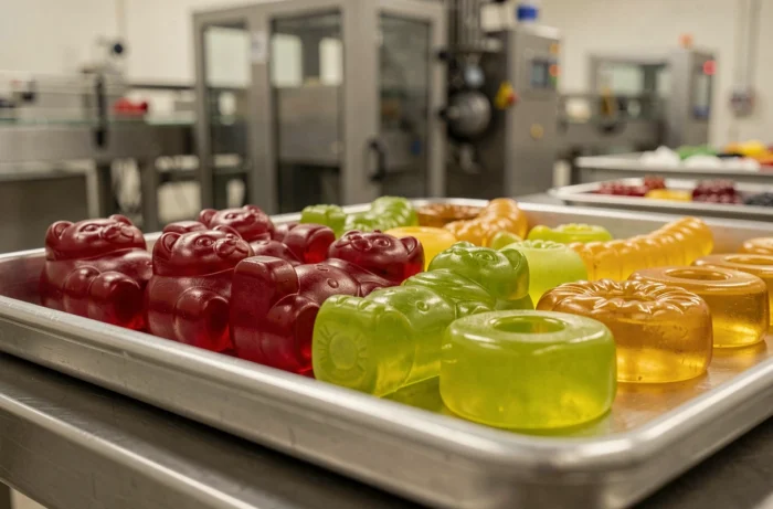 Gros plan sur des bonbons Haribo fraîchement moulés en formes d'oursons et de vers colorés sur un plateau en acier inoxydable