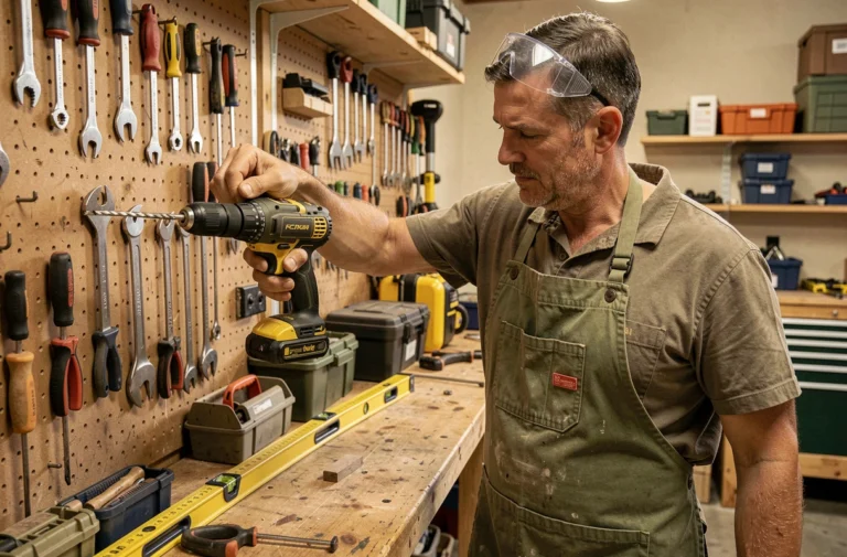 Homme bricoleur choisissant une perceuse sans fil dans un atelier maison bien équipé avec outils organisés au mur
