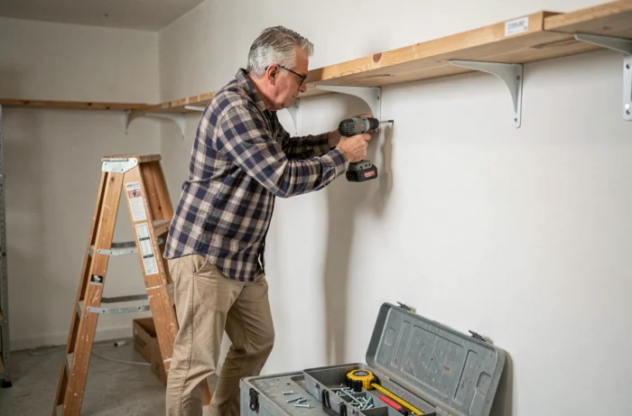 Homme mûr sur un escabeau fixant des étagères au mur avec une visseuse sans fil dans une pièce de rangement