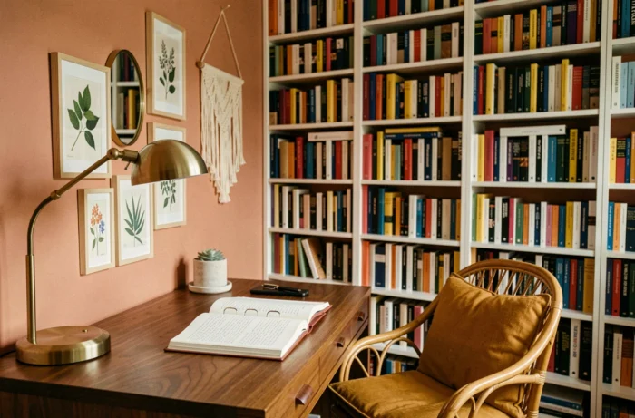 Bureau à domicile style mid-century avec desk en noyer, galerie murale botanique et bibliothèque colorée dans une pièce aux murs terracotta