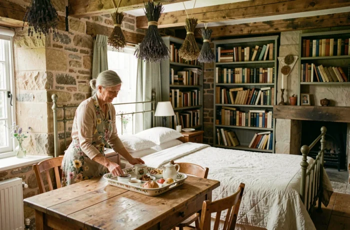 Propriétaire d'une chambre d'hôte en tablier floral disposant un plateau de petit-déjeuner dans une chambre en pierre aux poutres apparentes