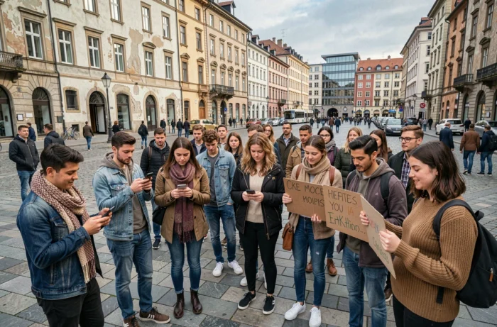 Jeunes citoyens européens rassemblés dans une place publique pour une action civique et sociale