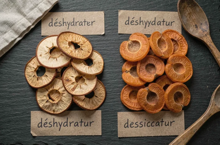 Comparaison côte à côte de fruits séchés au déshydrateur et au dessiccateur traditionnel sur fond d'ardoise