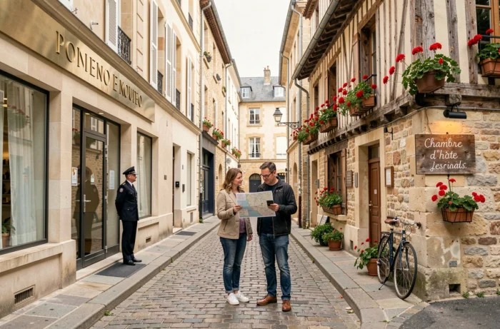 Façades côte à côte d'un hôtel boutique et d'une chambre d'hôtes en rue pavée de province française avec un couple hésitant
