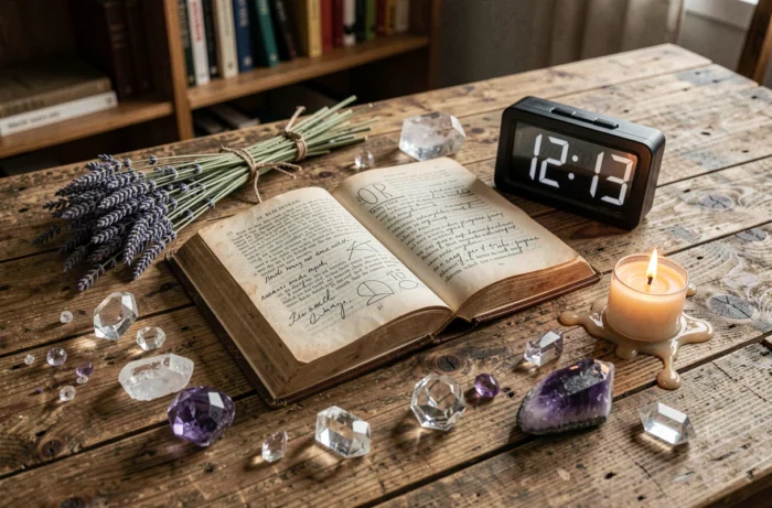 Composition ésotérique avec livre de numérologie, cristaux et horloge affichant 12h13 sur une table en bois