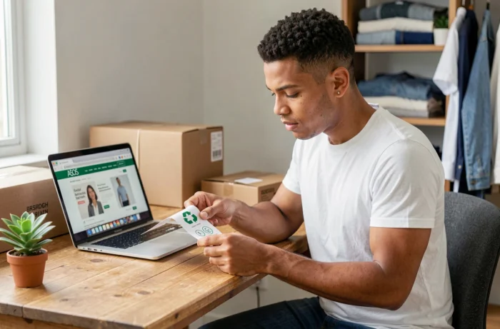 Homme inspectant l'étiquette écologique d'un vêtement ASOS dans un studio minimaliste représentant la consommation responsable et les engagements environnementaux de la marque