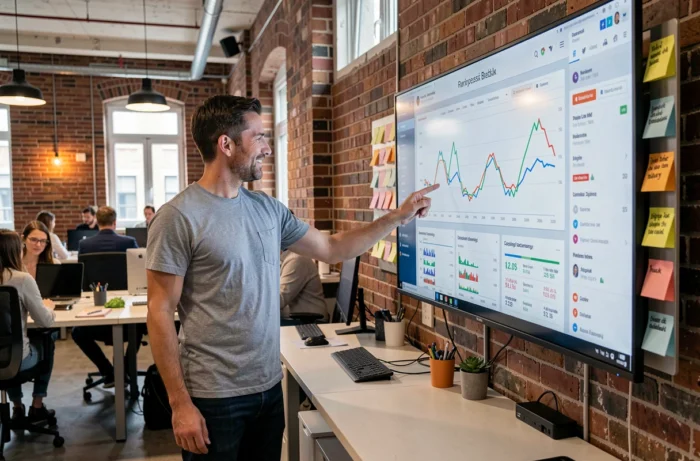 Consultant freelance en marketing digital analysant des indicateurs de performance dans un espace de coworking