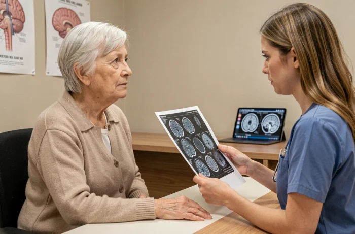 Patiente âgée en consultation neurologique pour discussion des résultats IRM et du score de Fazekas et son impact sur la santé