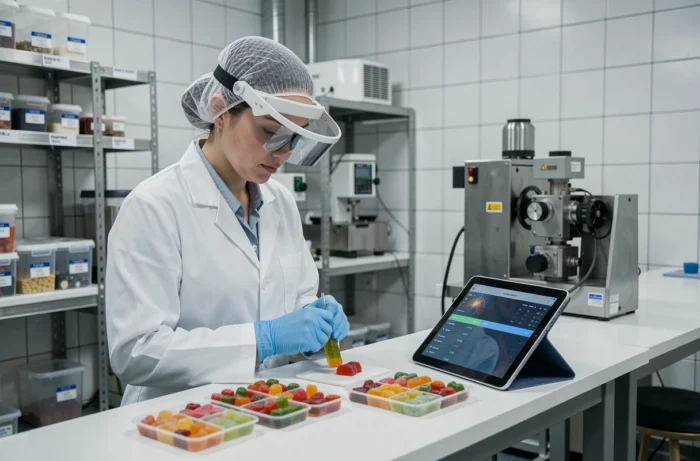 Technicienne en contrôle qualité inspectant des échantillons de bonbons Haribo dans un laboratoire d'usine en France
