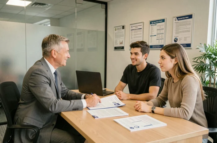 Couple en rendez-vous avec un courtier pour choisir une assurance auto adaptée à leur budget