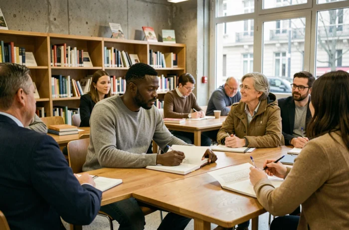 Homme participant à un cours de langue française dans un centre d'intégration pour nouveaux arrivants en France