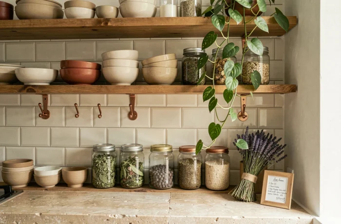 Étagères de cuisine française décorées avec des bols en céramique dépareillés, bocaux d'herbes séchées et plante verte dans une cuisine authentique