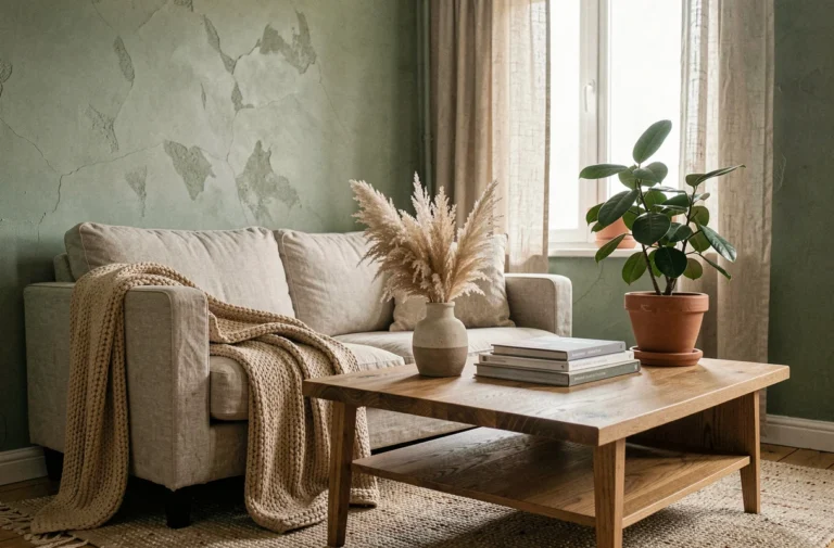 Coin salon Scandinave cosy avec canapé en lin, plaid tressé, table basse en chêne et plantes dans un appartement aux murs vert sauge