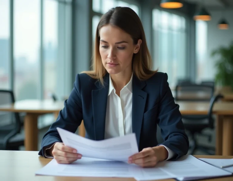 Femme professionnelle examinant des documents administratifs pour une démarche auprès de Killahejlaszo Ltd dans un bureau moderne