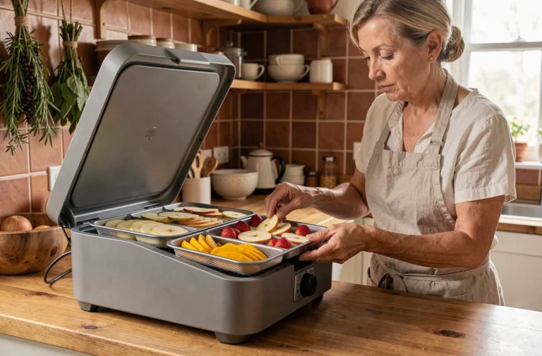 Femme utilisant un déshydrateur électrique pour sécher des tranches de fruits frais dans une cuisine rustique