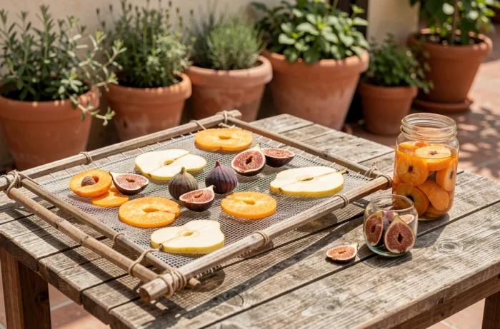 Dessiccateur artisanal en bois avec des fruits séchés disposés sur des grilles en plein air sur une terrasse méditerranéenne