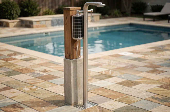 Douche solaire extérieure en inox avec réservoir intégré sur colonne, installée sur la plage de piscine en pierre