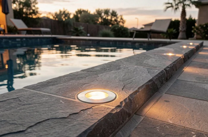 Éclairage encastré basse tension intégré dans les margelles d'une piscine au crépuscule avec reflets dans l'eau