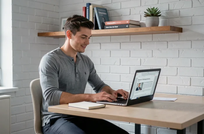 Jeune entrepreneur travaillant depuis son bureau à domicile sur des ressources en ligne pour améliorer la gestion de son entreprise