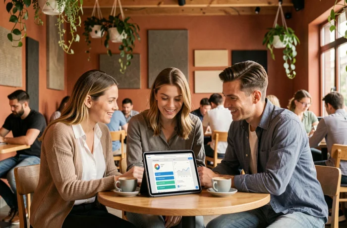 Équipe de professionnels collaborant autour d'une tablette pour explorer des ressources en ligne dédiées à la gestion d'entreprise