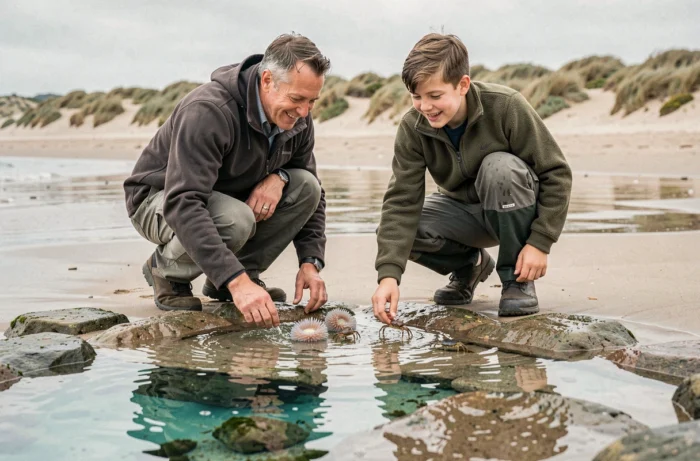 Père et adolescent explorant les mares de rochers à marée basse sur une plage bretonne lors d'une sortie nature en famille
