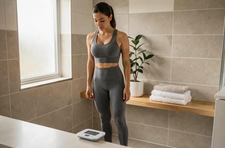 Femme mesurant 1m57 debout sur une balance numérique dans une salle de bain moderne pour vérifier son poids idéal