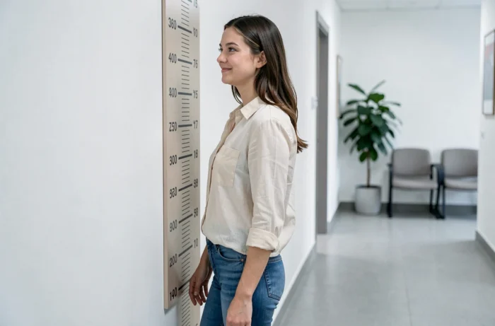 Jeune femme de 1m57 mesurée contre une toise murale dans un couloir de clinique médicale