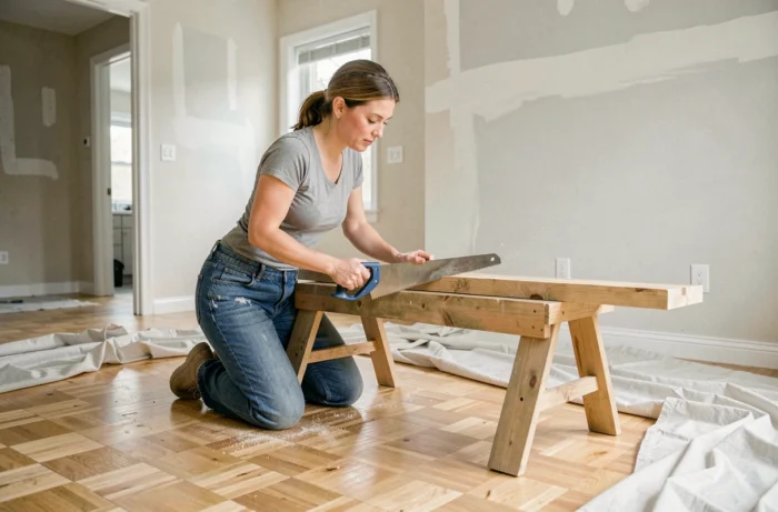 Femme bricolant en intérieur en train de scier une planche en bois dans un salon en cours de rénovation