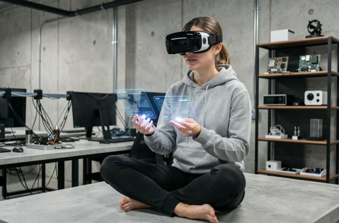 Jeune femme portant un casque de réalité mixte dans un studio high-tech moderne, illustration des tendances geek 2024