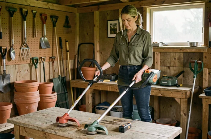 Femme comparant deux modèles de débroussailleuse dans un atelier de jardin pour choisir le meilleur outil d'entretien