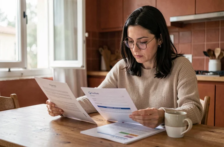 Femme comparant des devis d'assurance auto à la maison, documents sur une table en bois