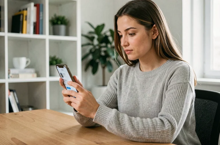 Jeune femme consultant son compte Free Mobile sur smartphone depuis son bureau à domicile