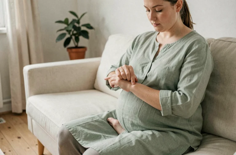 Femme enceinte appuyant sur le point d'acupression P6 au poignet pour soulager les nausées de grossesse