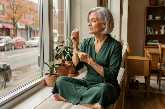 Femme mature aux cheveux gris naturels appliquant une huile visage près d'une fenêtre pour révéler son éclat naturel