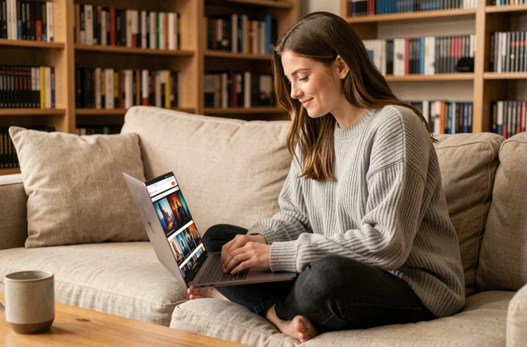 Jeune femme naviguant sur un plan de site cinéma et séries TV sur son laptop depuis son salon