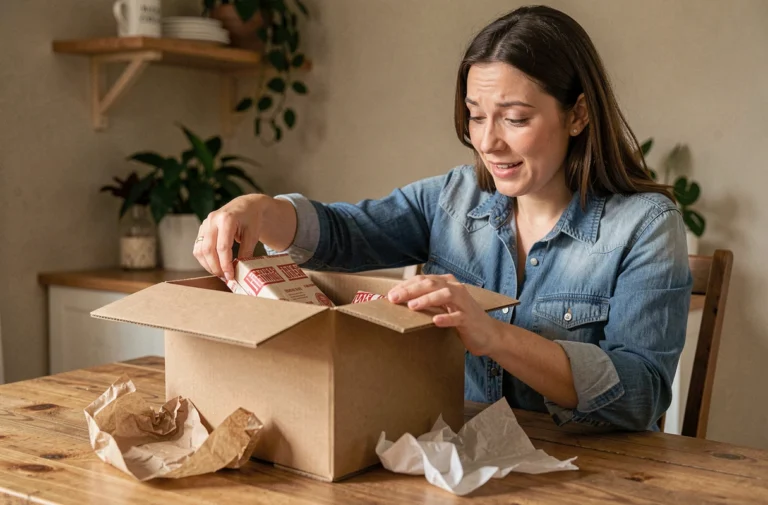 Femme ouvrant un colis perdu sur une table en bois chez elle, découvrant son contenu avec curiosité