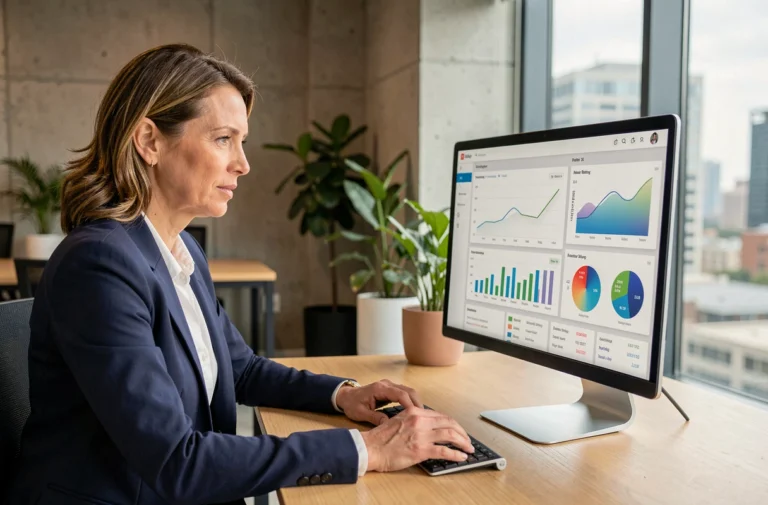 Femme professionnelle analysant des ressources en ligne pour optimiser la gestion de son business sur un grand écran de bureau