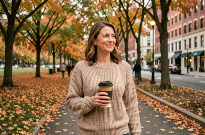 Femme souriante se promenant dans un parc urbain en automne, tenant un café, dans une ambiance détendue et naturelle