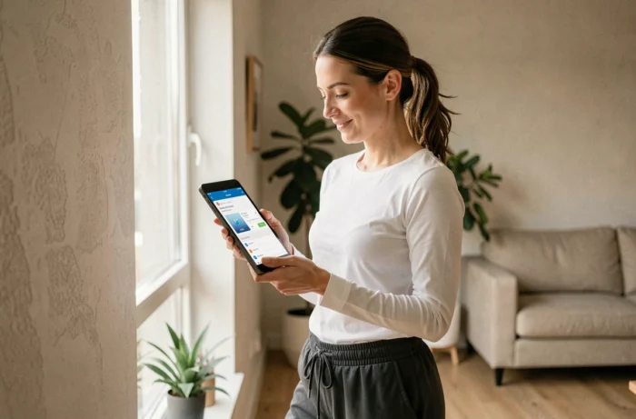 Femme utilisant une tablette pour gérer son abonnement Free Mobile depuis son salon