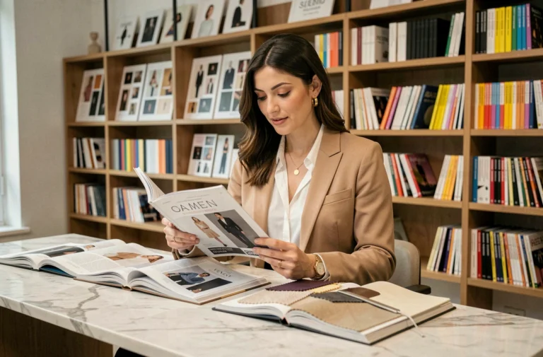 Femme élégante consultant des magazines de mode dans un studio éditorial moderne avec des échantillons de tissu et des tableaux d'inspiration