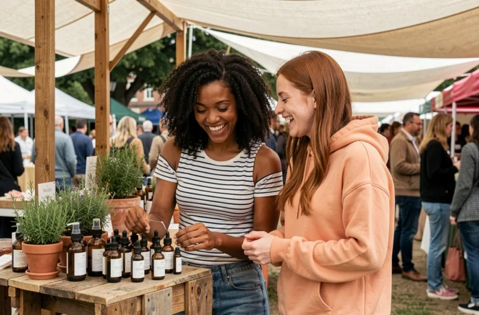 Deux femmes souriantes découvrant des soins naturels dans un marché beauté en plein air le week-end