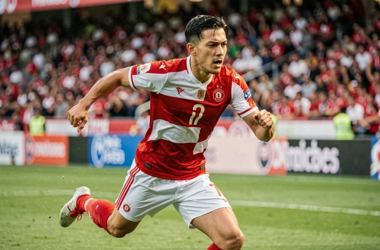Footballeur professionnel en maillot rouge et blanc sprintant sur un terrain de football lors d'un match en stade