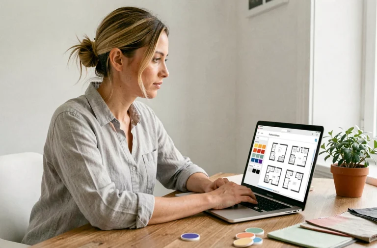 Femme suivant une formation en décoration intérieure en ligne sur son ordinateur portable depuis son bureau à domicile